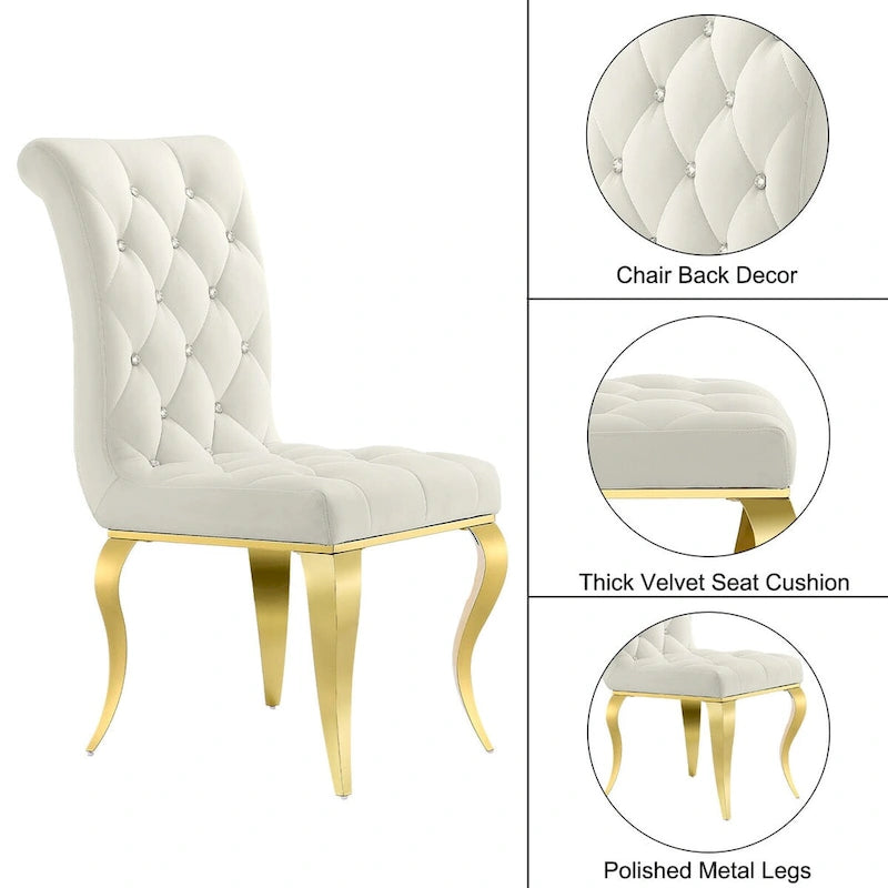 Chaises de salle à manger de luxe en velours blanc avec bouton décoratif en cristal