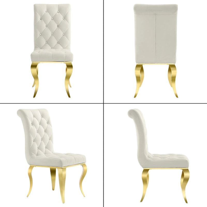 Chaises de salle à manger de luxe en velours blanc avec bouton décoratif en cristal