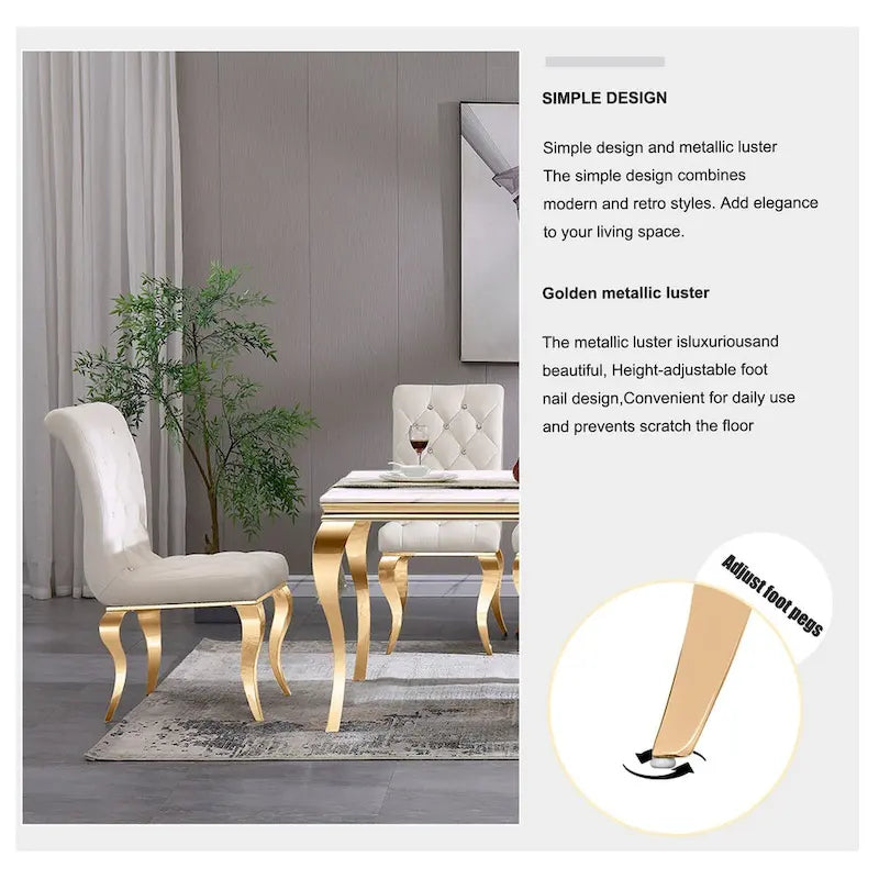 Chaises de salle à manger de luxe en velours blanc avec bouton décoratif en cristal