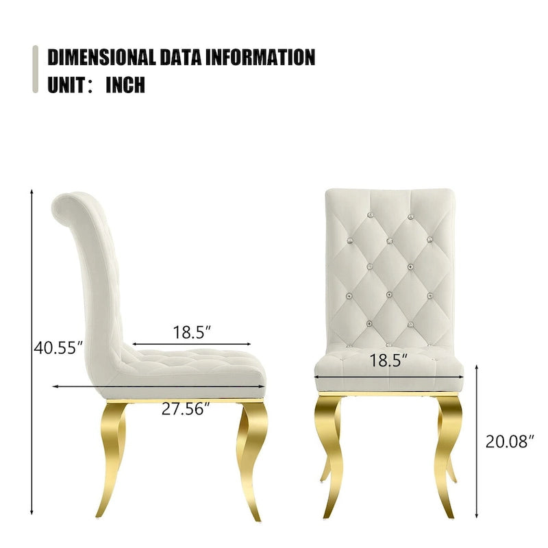Chaises de salle à manger de luxe en velours blanc avec bouton décoratif en cristal