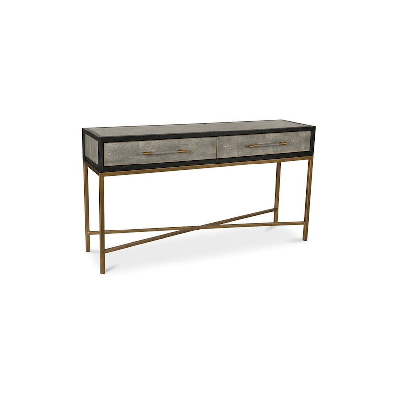 Console en bois massif Art Déco et similicuir galuchat avec des accents en laiton