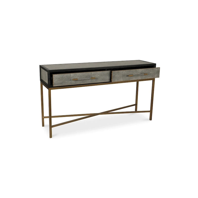 Console en bois massif Art Déco et similicuir galuchat avec des accents en laiton