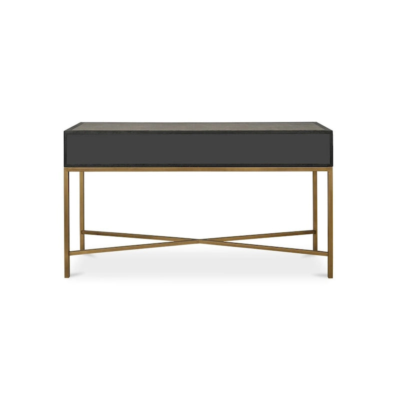 Console en bois massif Art Déco et similicuir galuchat avec des accents en laiton