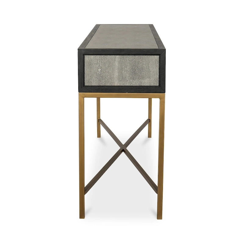 Console en bois massif Art Déco et similicuir galuchat avec des accents en laiton