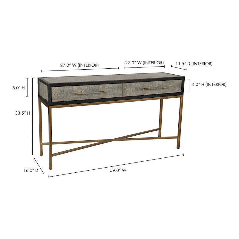 Console en bois massif Art Déco et similicuir galuchat avec des accents en laiton